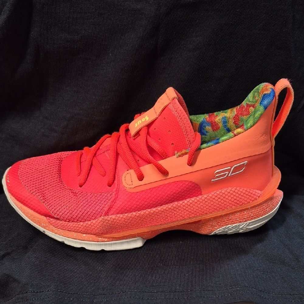 Under Armour Curry 7 "Sour Patch Kids Peach Plasma" Women's 9.5 basketball shoe.